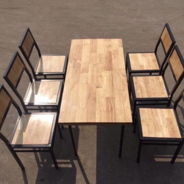 Bộ bàn 6 ghế quán ăn có lưng tựa sắt mặt gỗ