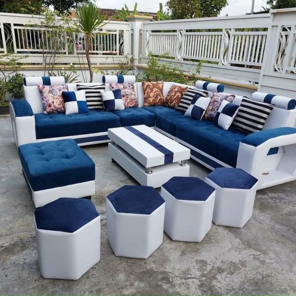 Thanh lý bộ sofa góc L gia đình bọc nỉ màu trắng xanh SF145