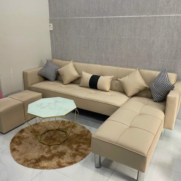 Thanh lý bộ sofa góc L bọc da màu kem mới 99%