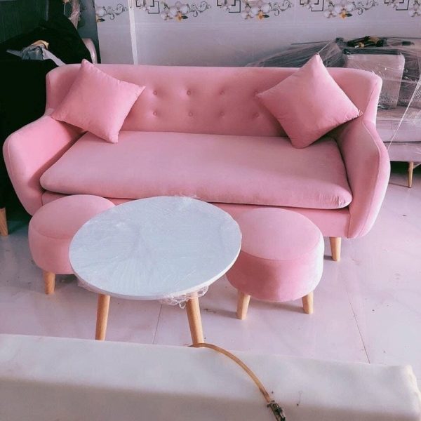 Combo sofa vải nhung màu hồng kèm bàn mới 100%