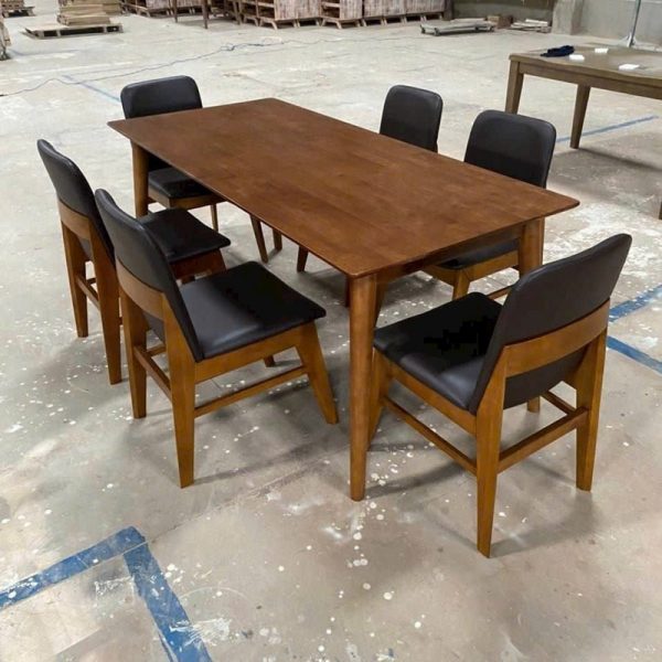 Bộ bàn ăn 6 ghế OBAMA gỗ màu nâu nệm đen mới 100%