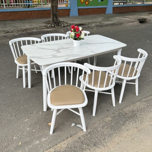 Bộ bàn ghế gỗ nhà hàng 6 ghế màu trắng mới 100%