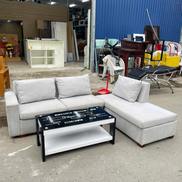 Thanh lý bộ sofa chữ L bọc vải màu xám mới 95%