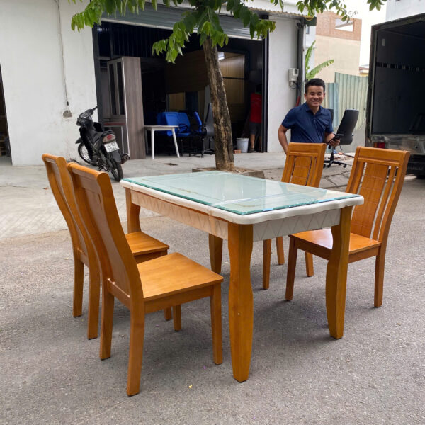 Thanh lý bộ bàn ăn gỗ sồi 4 ghế mặt đá kèm kính